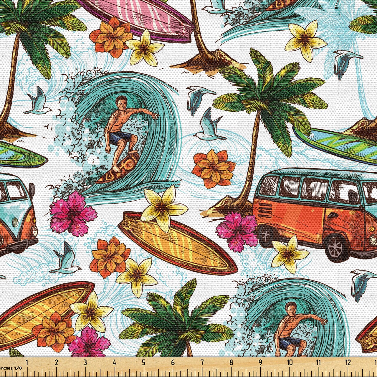 Ambesonne Ocean Fabric by the Yard, Hawaiian Surfer on Wavy Deep Sea Retro Style Palm Trees Flowers Surf Boards Print, Decorative Fabric for Upholstery and Home Accents, 5 Yards, Multicolor